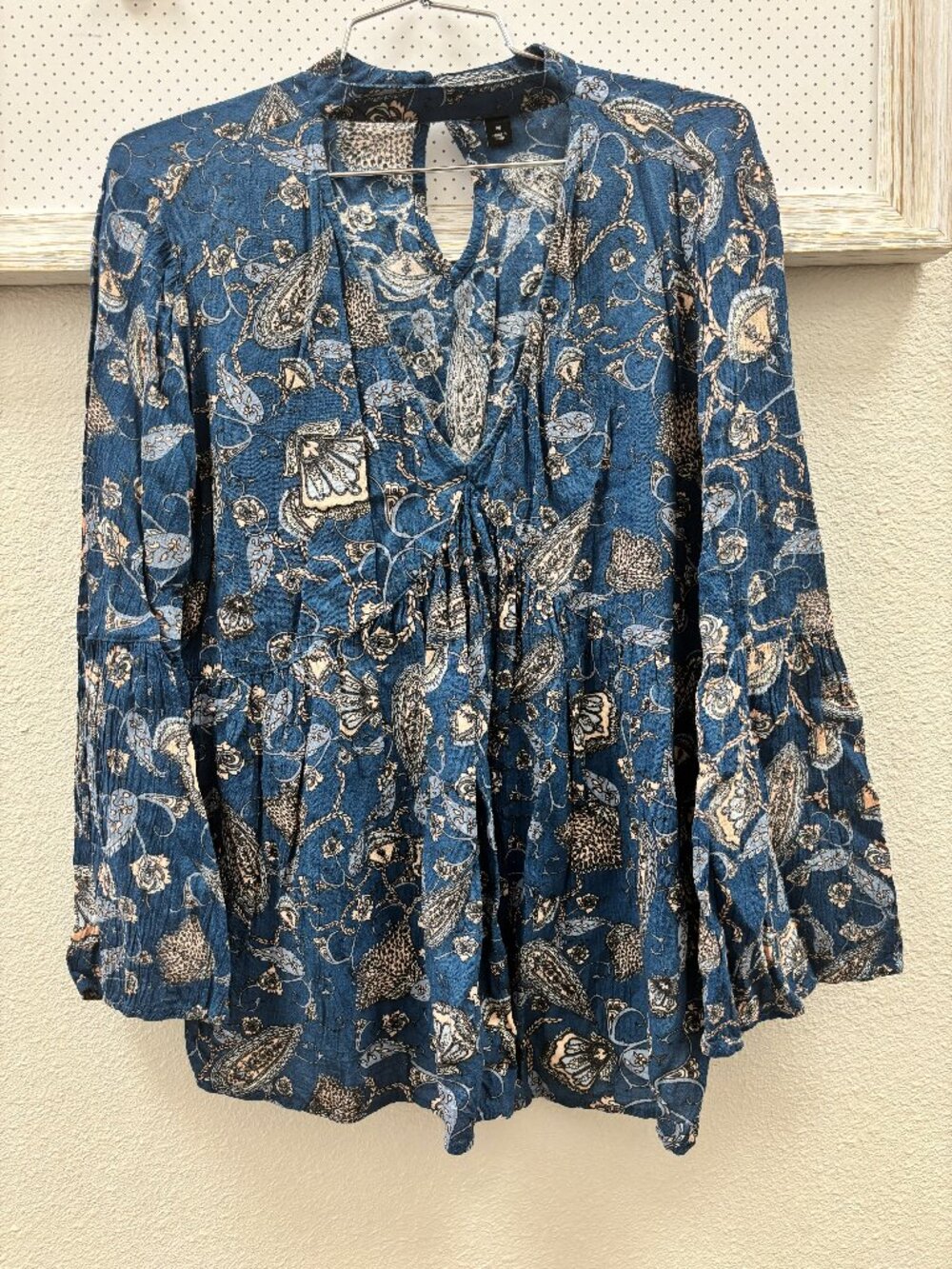 a.n.a. Blue Paisley Boho Bell Sleeve Blouse Size M